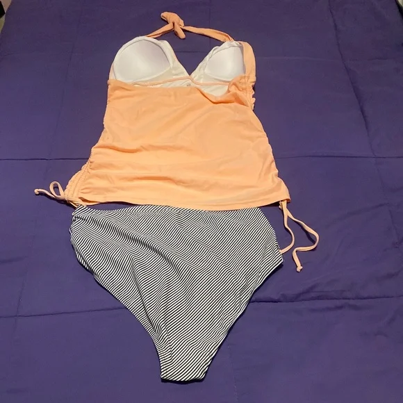 Sweetheart Peach Tankini & Striped Bikini Bottom Swimsuit Size L - Picture 2 of 3